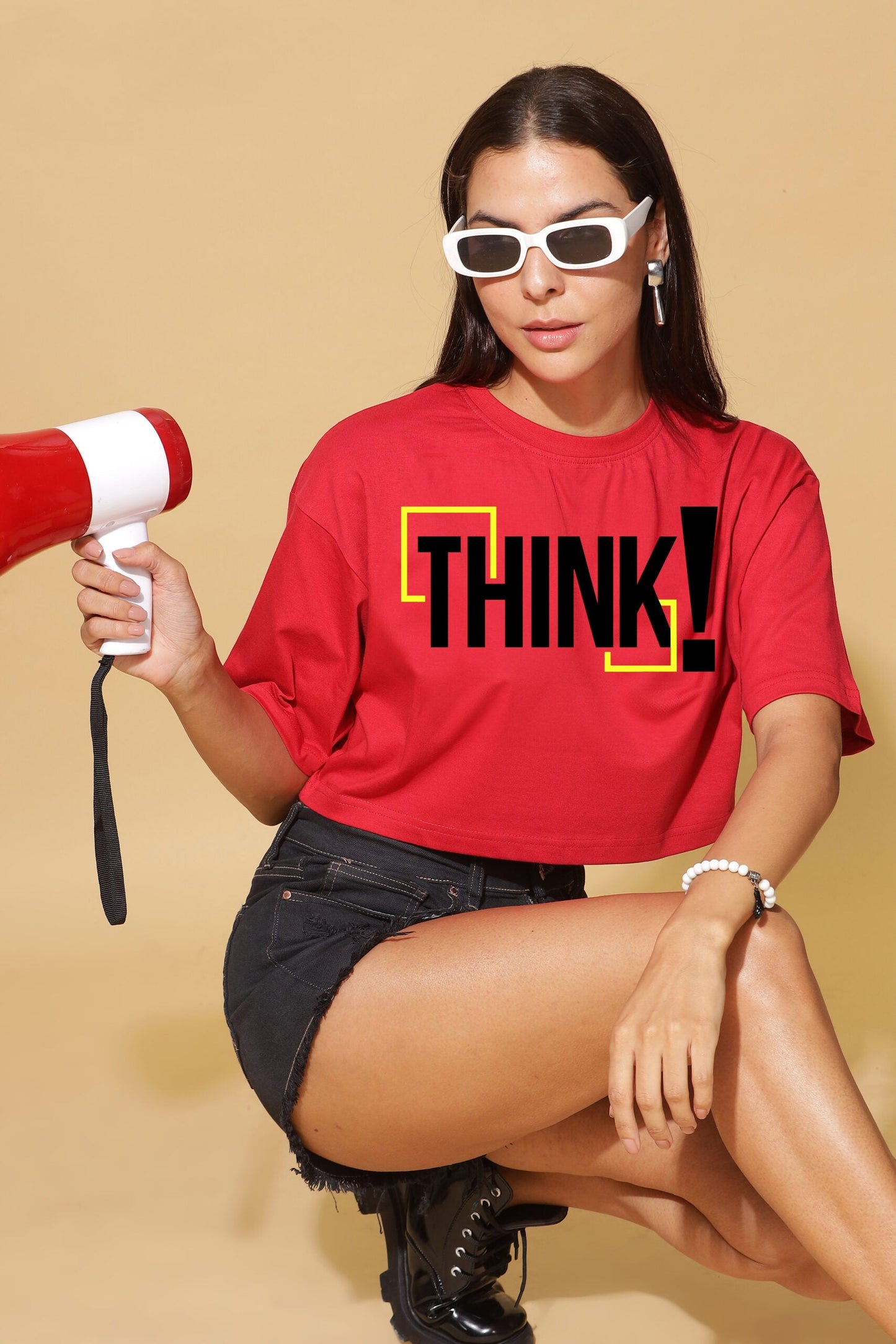 Moovio's Premium Red 'THINK' Oversize Crop Top