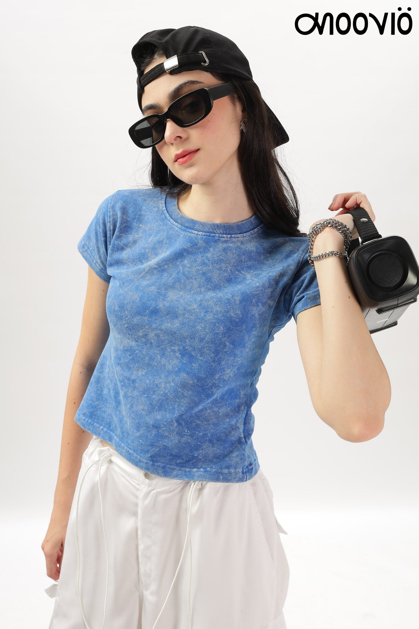 Blue acid-wash crop-top