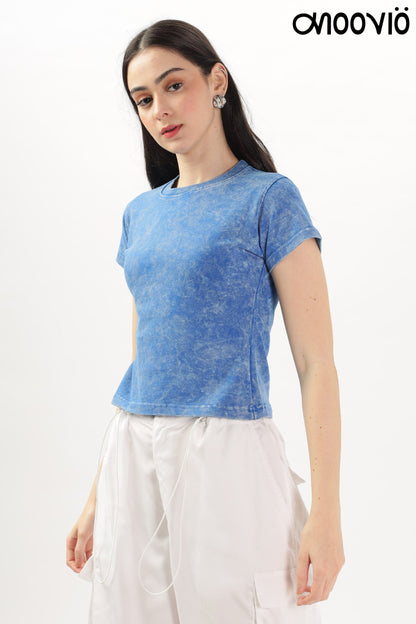 Blue acid-wash crop-top