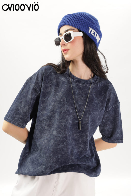 Women's Dark-blue Acid-wash tees