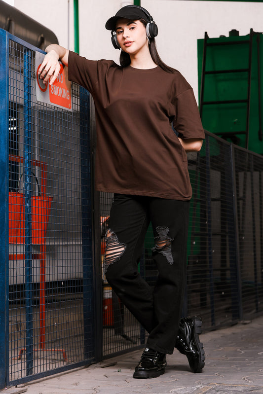 Unisex Brown Cotton Oversized Solid T-Shirt