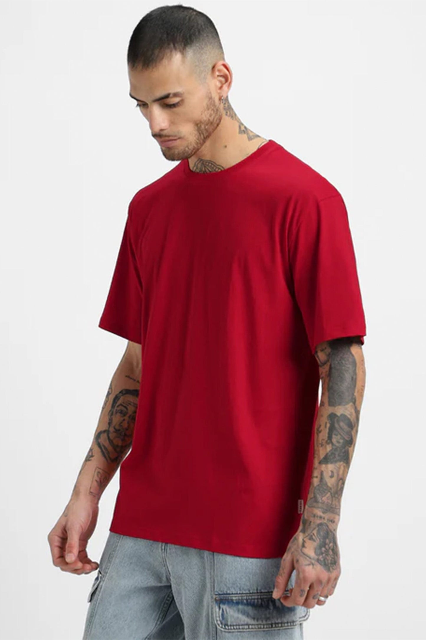 Unisex Red Cotton Oversized Solid T-Shirt