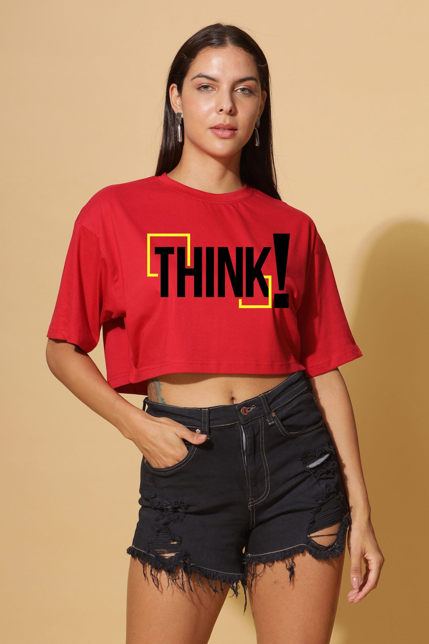 Moovio's Premium Red 'THINK' Oversize Crop Top