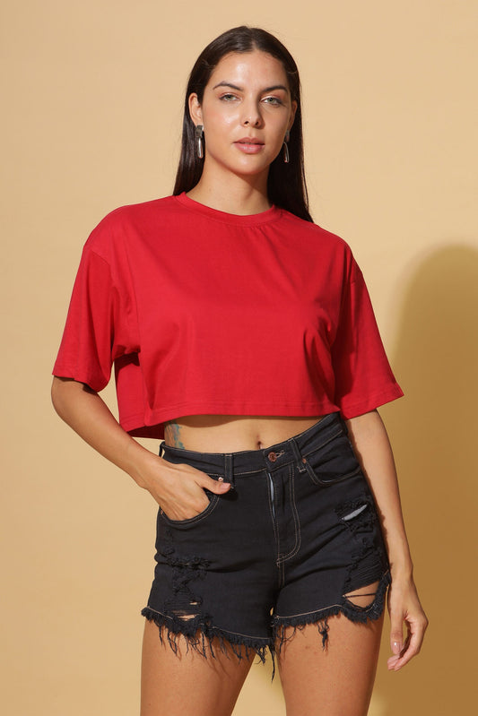 Crimson Breeze: Oversize Cotton Crop-Top