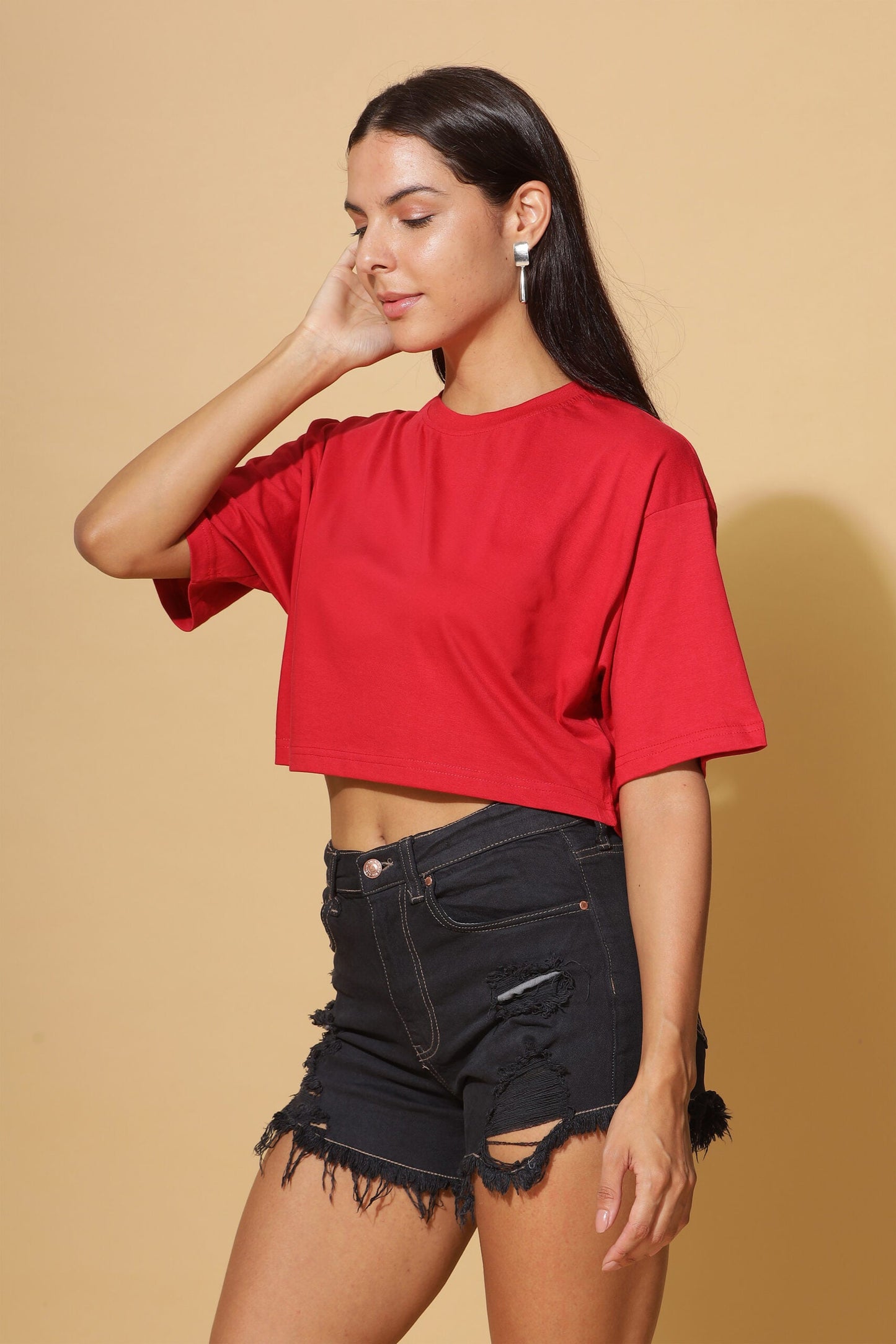 Crimson Breeze: Oversize Cotton Crop-Top