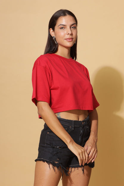 Crimson Breeze: Oversize Cotton Crop-Top