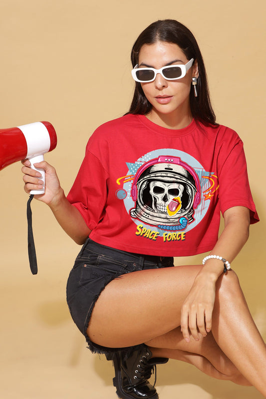 Women's SKULL Printed Premium Red Crop-Top